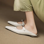 Women's Leather Mules Pointed Toe Slip-On Buckle Strap
