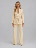 Women's Belted Blazer Wide-Leg Trouser Co-Ord Set Two-Piece Beige