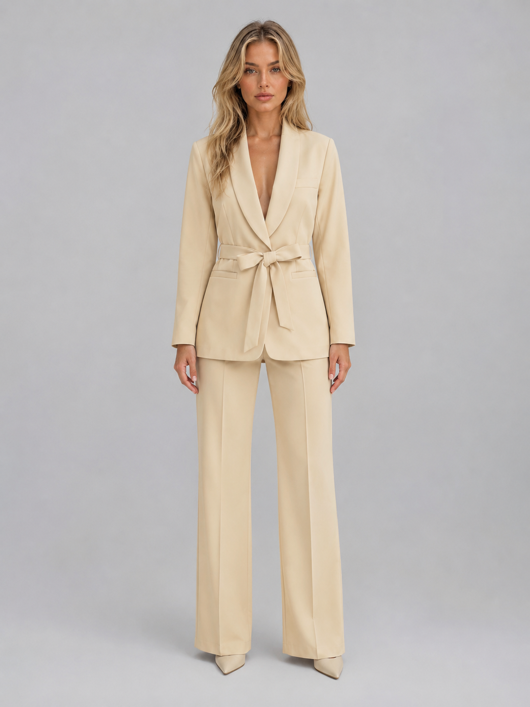 Women's Belted Blazer Wide-Leg Trouser Co-Ord Set Two-Piece Beige
