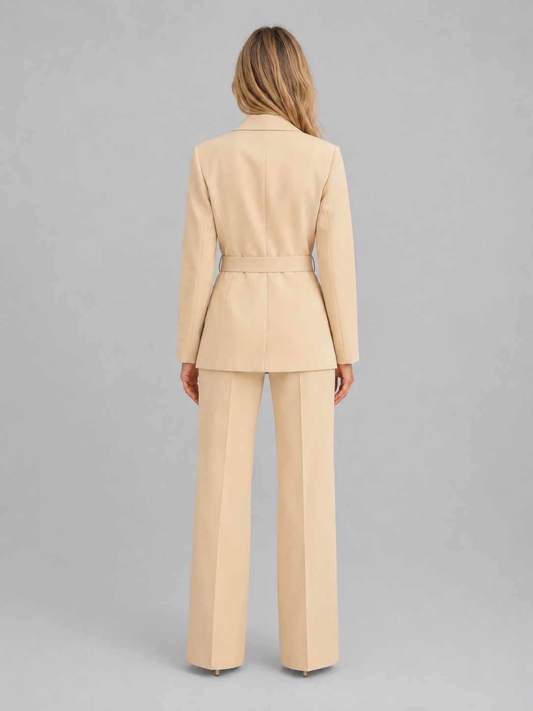 Women's Belted Blazer Wide-Leg Trouser Co-Ord Set Two-Piece Beige
