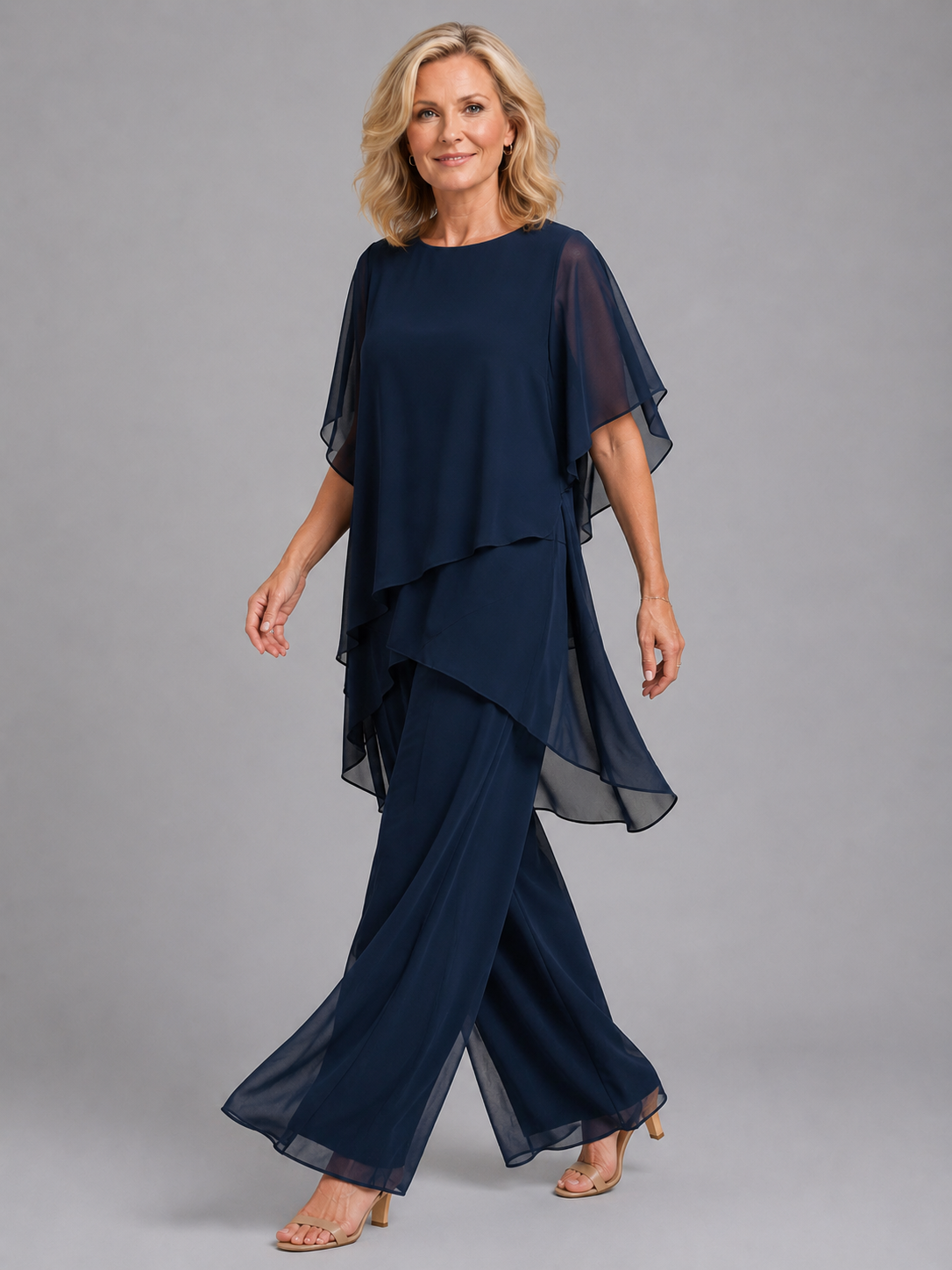 Asymmetrical Layered Top Wide-Leg Trouser Set Two-Piece Navy