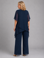 Asymmetrical Layered Top Wide-Leg Trouser Set Two-Piece Navy