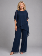 Asymmetrical Layered Top Wide-Leg Trouser Set Two-Piece Navy