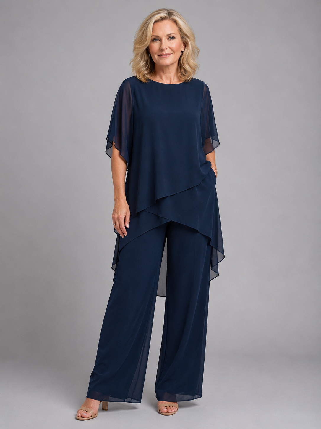 Asymmetrical Layered Top Wide-Leg Trouser Set Two-Piece Navy