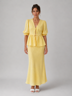 Women's V-Neck Lace-Up Blouse Maxi Skirt Set Two-Piece Yellow