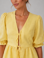 Women's V-Neck Lace-Up Blouse Maxi Skirt Set Two-Piece Yellow