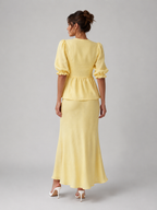 Women's V-Neck Lace-Up Blouse Maxi Skirt Set Two-Piece Yellow
