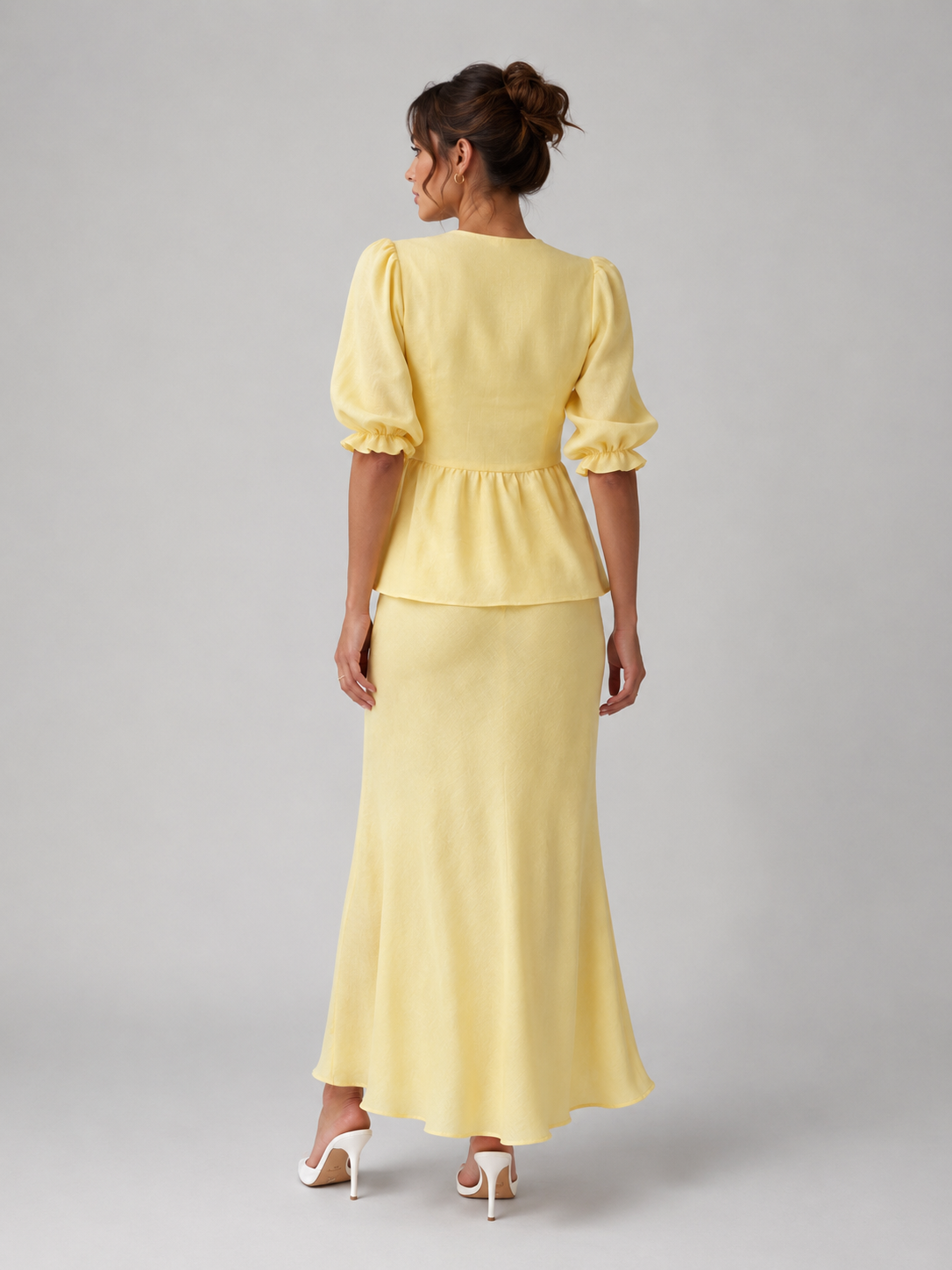 Women's V-Neck Lace-Up Blouse Maxi Skirt Set Two-Piece Yellow