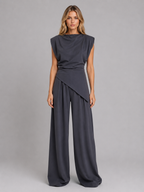 Women's Relaxed Wide-Leg Draped Two-Piece Set Sleeveless Detail Grey