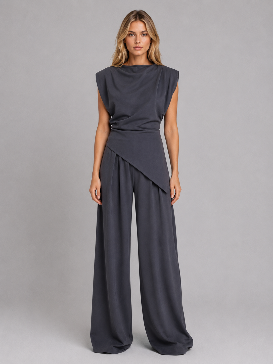 Women's Relaxed Wide-Leg Draped Two-Piece Set Sleeveless Detail Grey