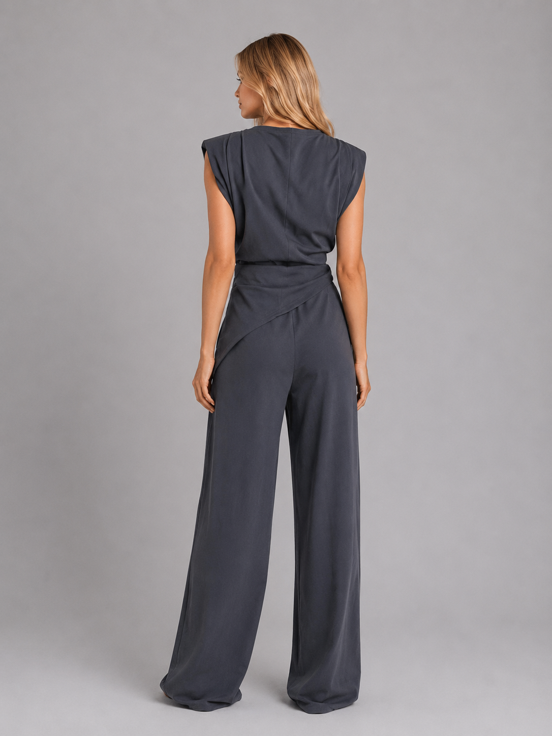 Women's Relaxed Wide-Leg Draped Two-Piece Set Sleeveless Detail Grey
