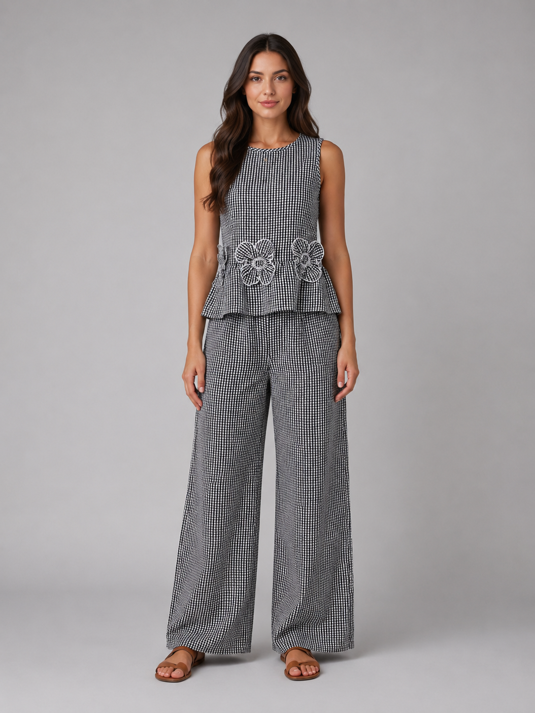 Women's Sleeveless Peplum Top Wide-Leg Trouser Set Two-Piece Gingham