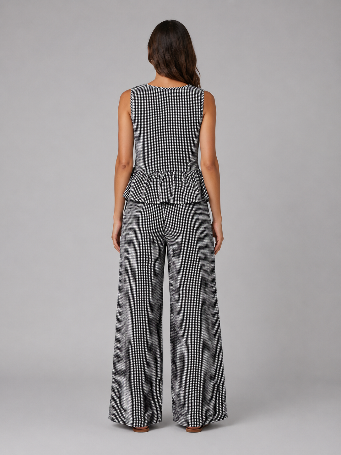 Women's Sleeveless Peplum Top Wide-Leg Trouser Set Two-Piece Gingham