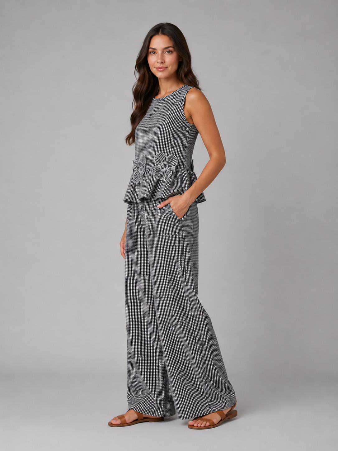 Women's Sleeveless Peplum Top Wide-Leg Trouser Set Two-Piece Gingham