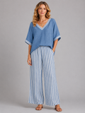 Women's Relaxed Oversized Top Striped Wide-Leg Trouser Set Two-Piece Blue
