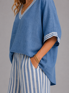 Women's Relaxed Oversized Top Striped Wide-Leg Trouser Set Two-Piece Blue