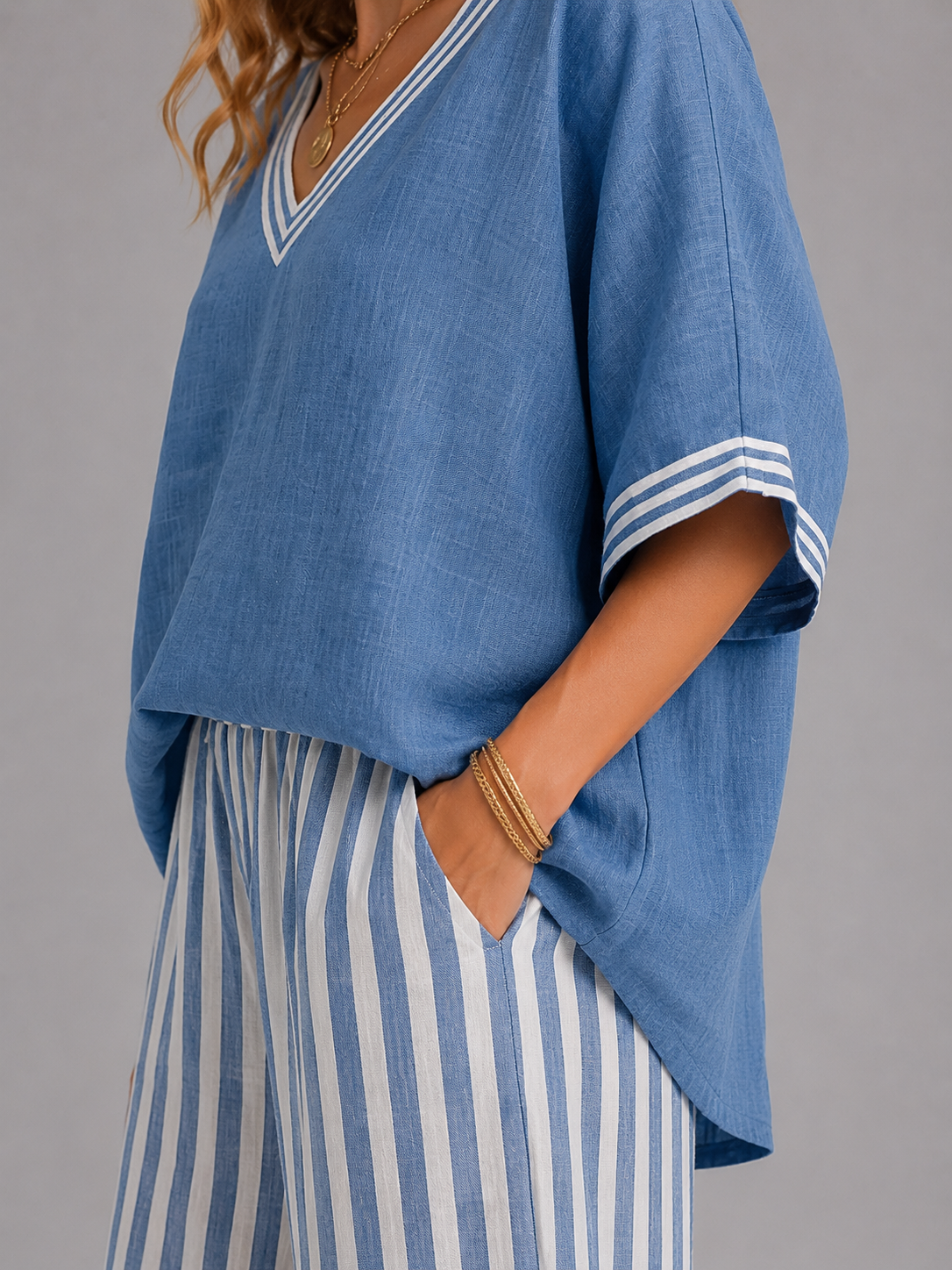 Women's Relaxed Oversized Top Striped Wide-Leg Trouser Set Two-Piece Blue