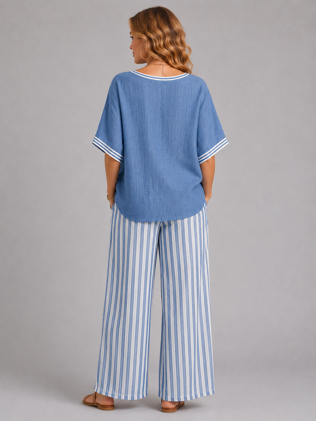 Women's Relaxed Oversized Top Striped Wide-Leg Trouser Set Two-Piece Blue