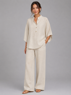 Women's Relaxed Wide-Leg Linen Blend Two-Piece Set Button-Up Detail Beige