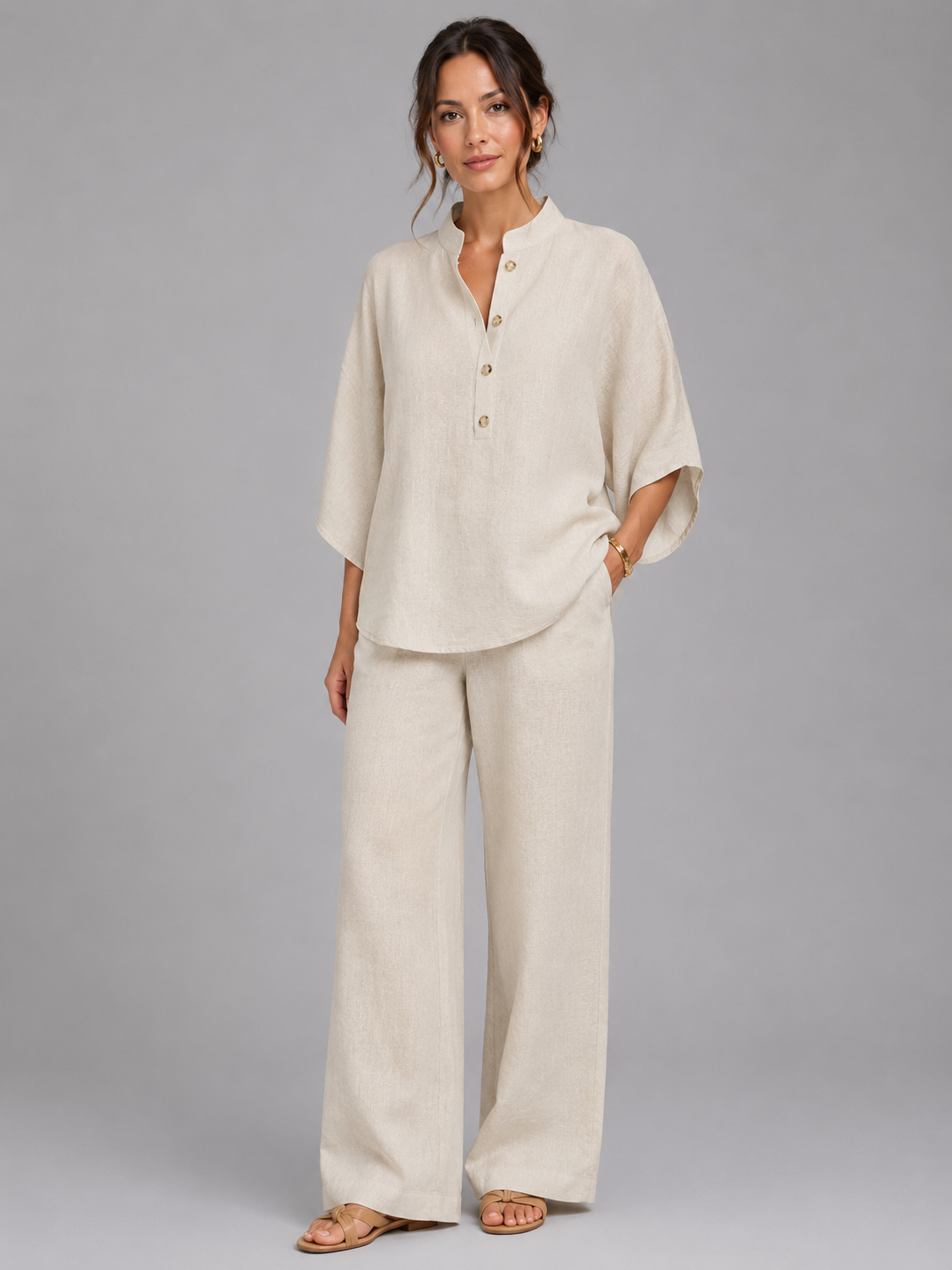 Women's Relaxed Wide-Leg Linen Blend Two-Piece Set Button-Up Detail Beige