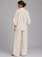 Women's Relaxed Wide-Leg Linen Blend Two-Piece Set Button-Up Detail Beige