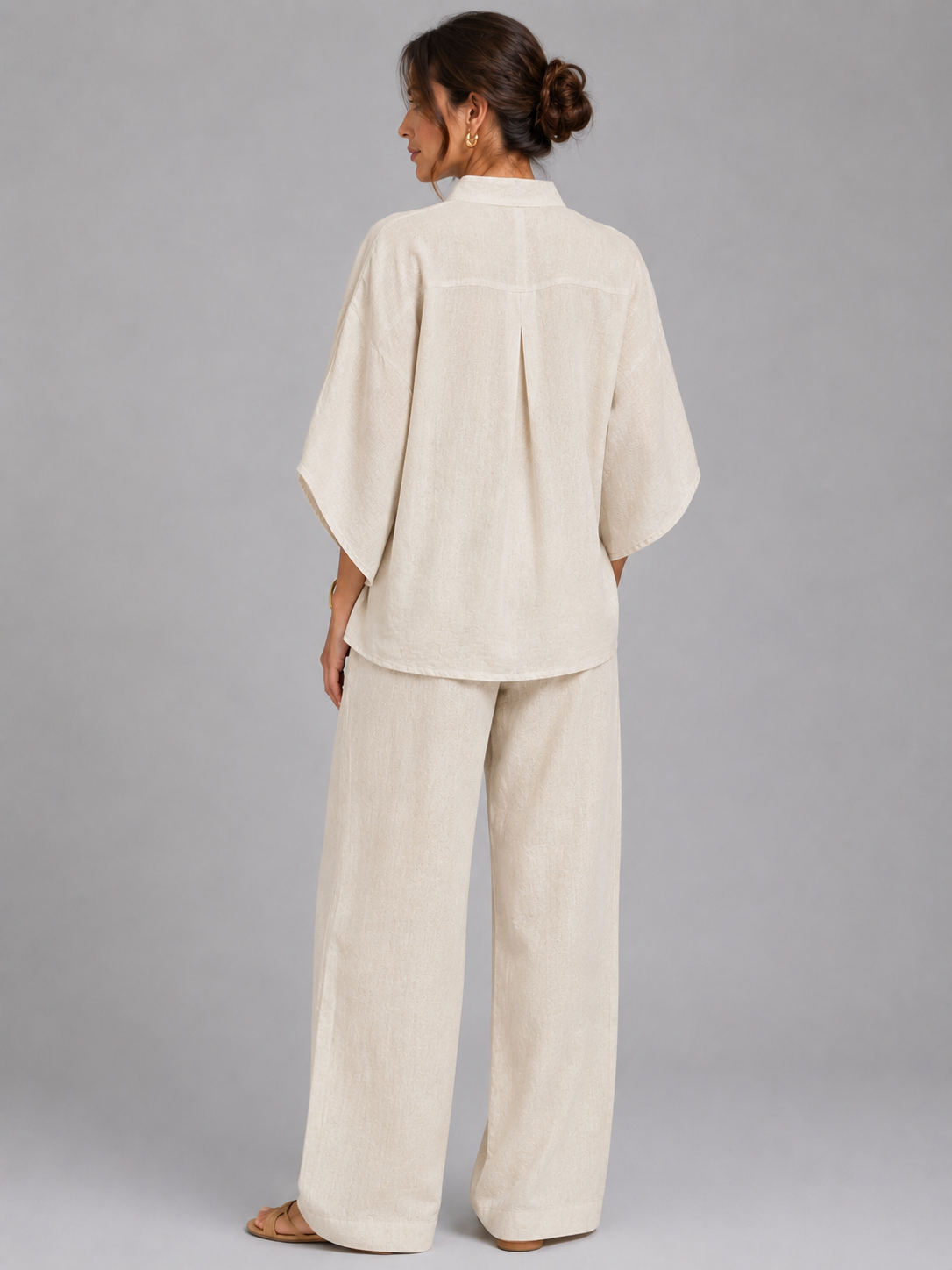 Women's Relaxed Wide-Leg Linen Blend Two-Piece Set Button-Up Detail Beige