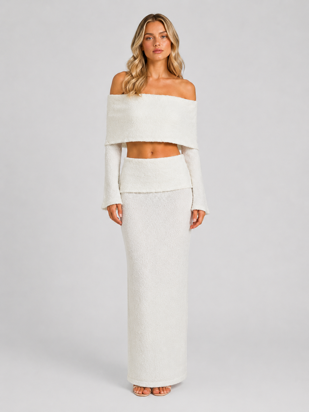 Women's Off-Shoulder Top Maxi Skirt Set Two-Piece White