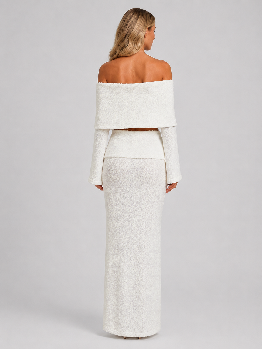 Women's Off-Shoulder Top Maxi Skirt Set Two-Piece White