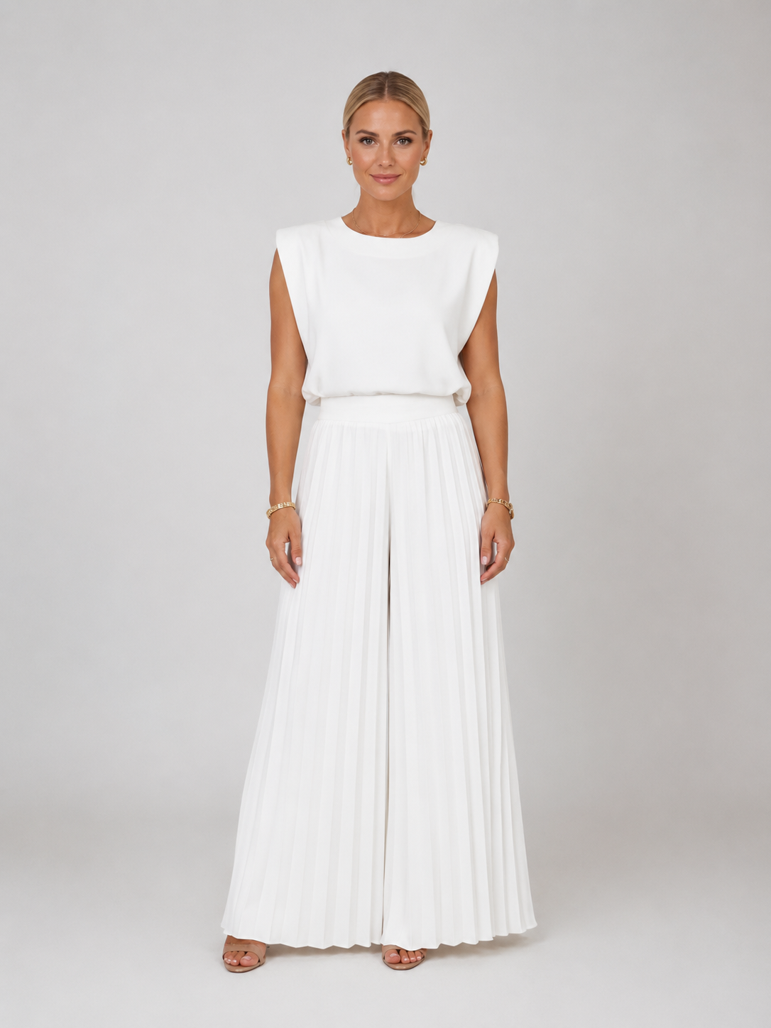 Women's Relaxed Sleeveless Top Pleated Wide-Leg Trouser Set Two-Piece White