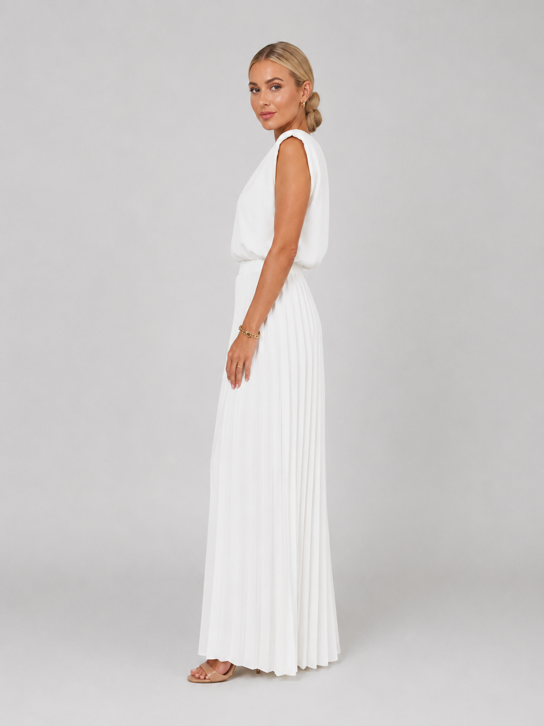 Women's Relaxed Sleeveless Top Pleated Wide-Leg Trouser Set Two-Piece White