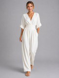 Relaxed Fit Wide-Leg Jumpsuit Cinched Waist V-Neck Detail White