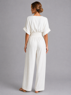 Relaxed Fit Wide-Leg Jumpsuit Cinched Waist V-Neck Detail White