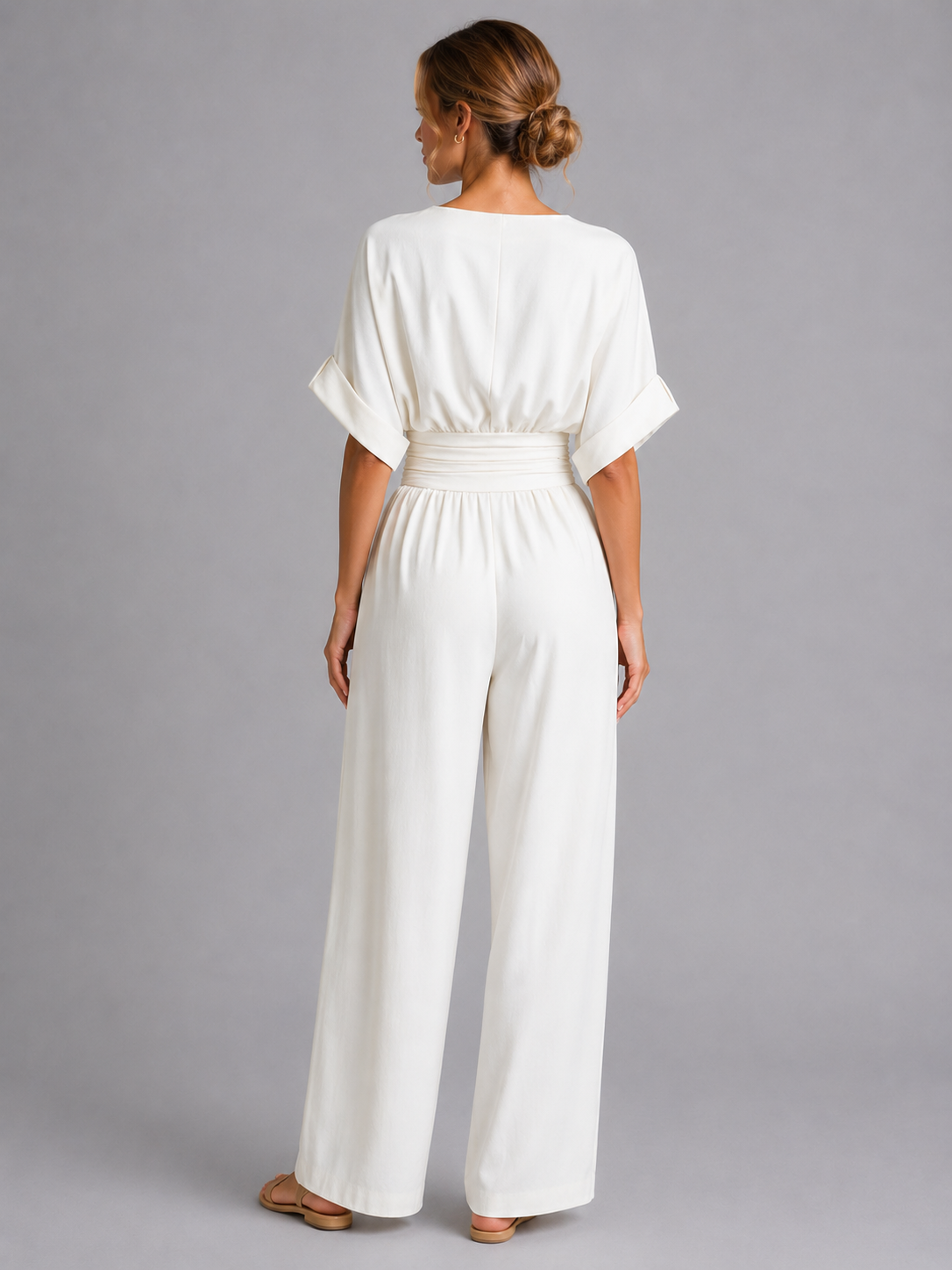 Relaxed Fit Wide-Leg Jumpsuit Cinched Waist V-Neck Detail White