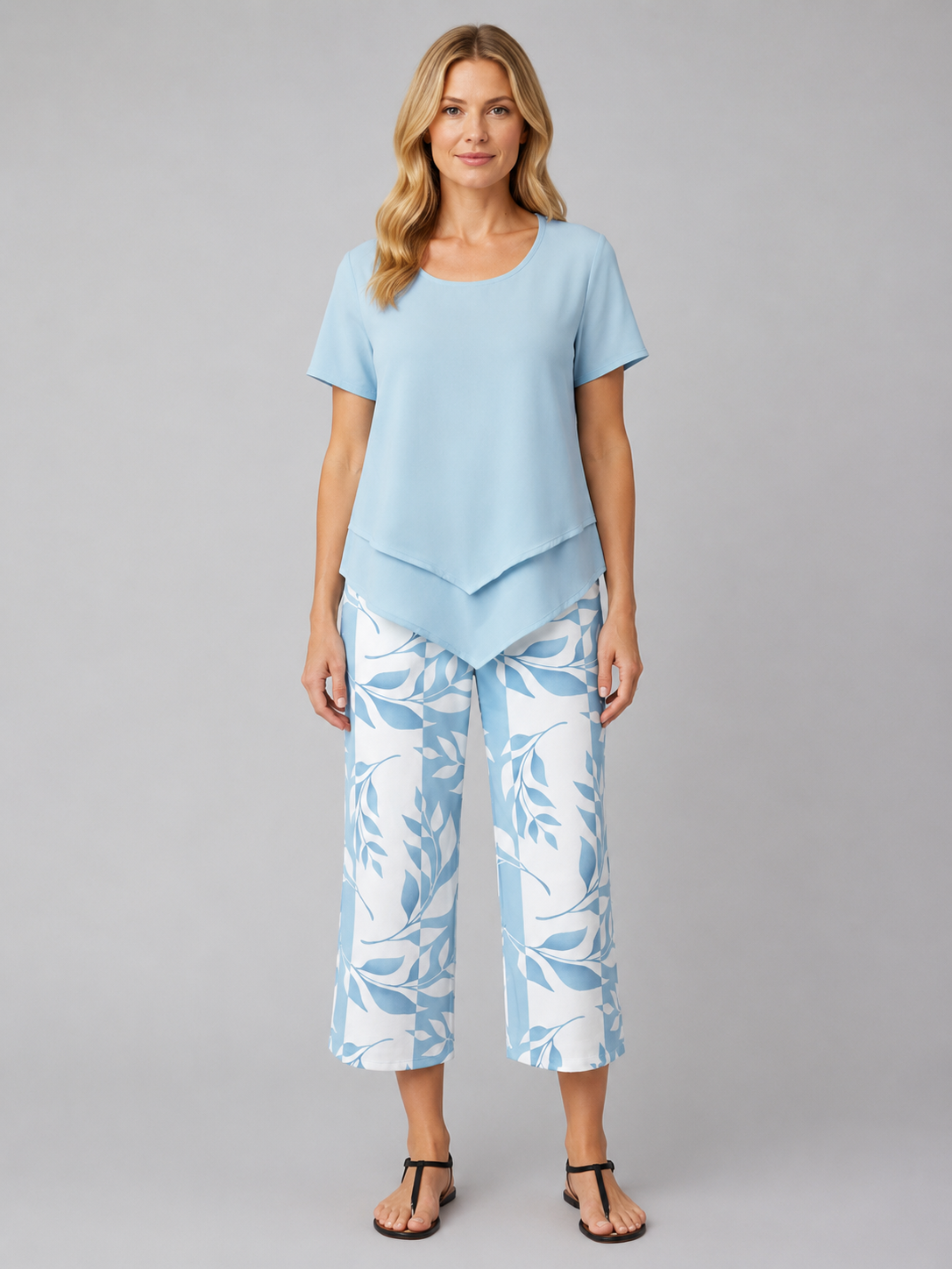 Women's Layered Short Sleeve Top Wide-Leg Trouser Set Two-Piece Blue