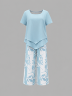 Women's Layered Short Sleeve Top Wide-Leg Trouser Set Two-Piece Blue