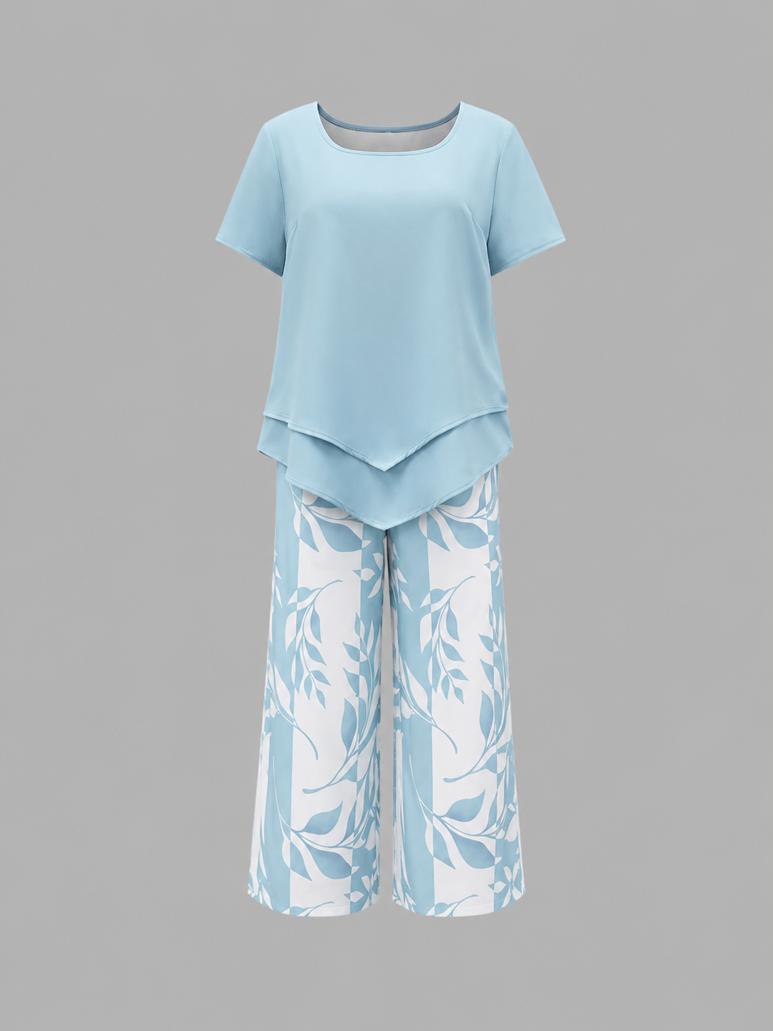 Women's Layered Short Sleeve Top Wide-Leg Trouser Set Two-Piece Blue