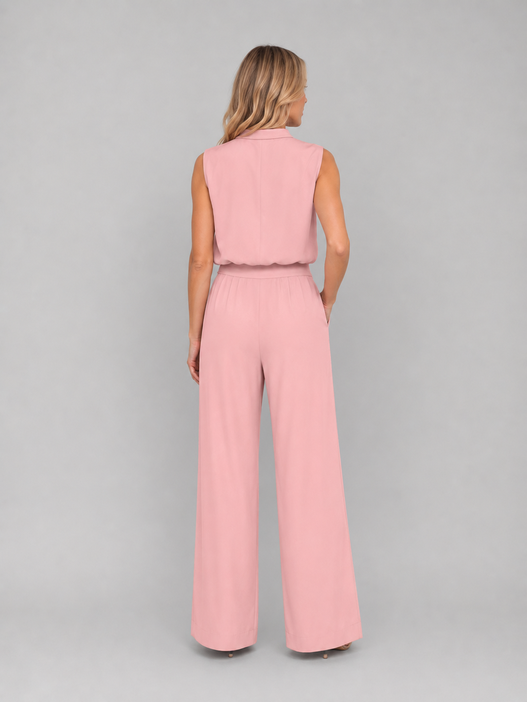 Women's Sleeveless High-Neck Top Wide-Leg Trouser Set Two-Piece Pink