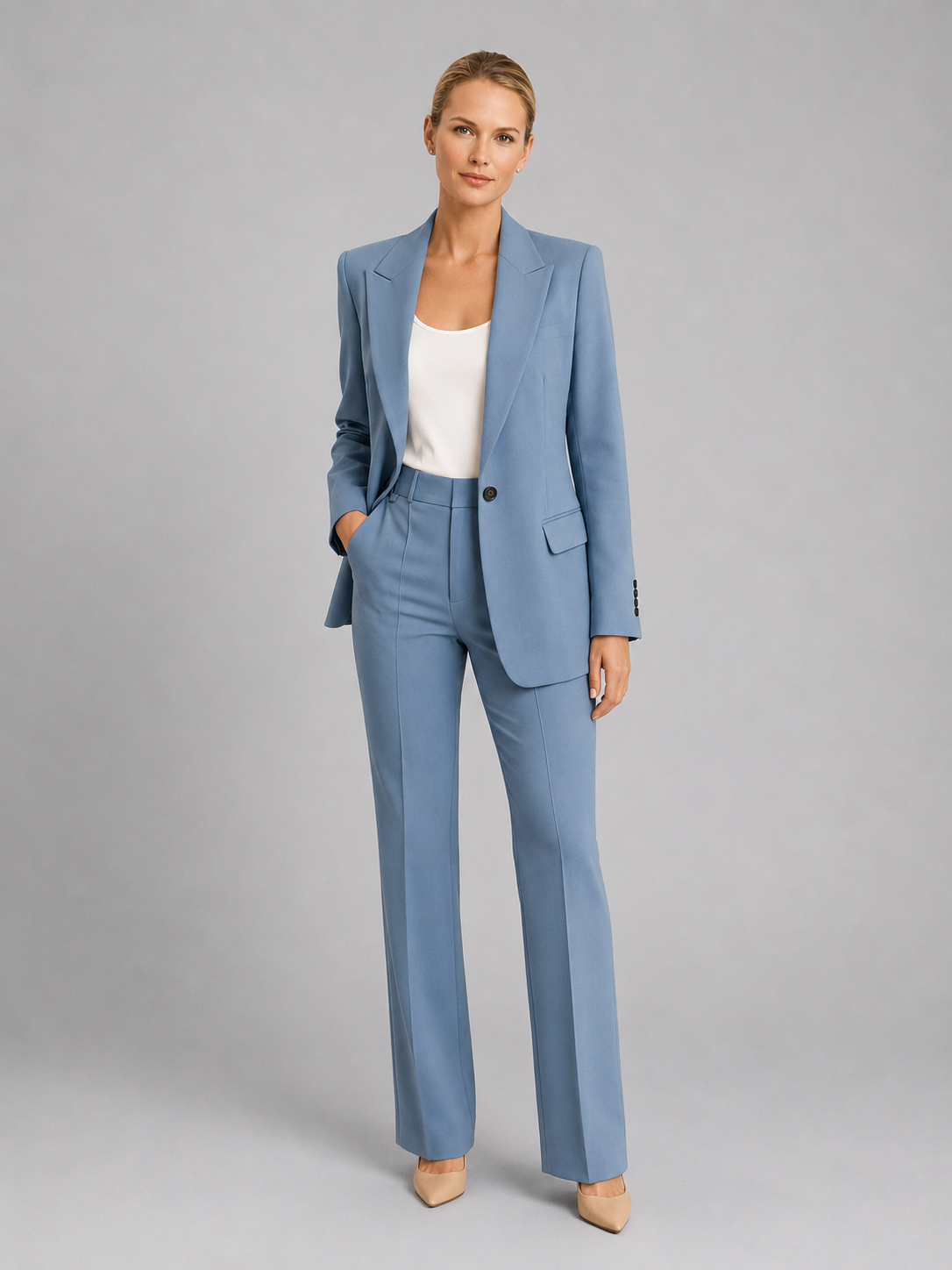 Tailored Structured Blazer High-Waist Trouser Suit Set Two-Piece Blue