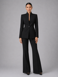 Tailored Collarless Blazer Wide-Leg Trouser Suit Set Two-Piece Navy