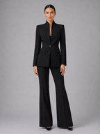 Tailored Collarless Blazer Wide-Leg Trouser Suit Set Two-Piece Navy