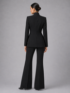 Tailored Collarless Blazer Wide-Leg Trouser Suit Set Two-Piece Navy