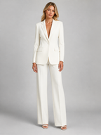 Tailored Notched Lapel Blazer Wide-Leg Trouser Suit Set Two-Piece White