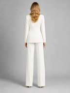 Tailored Notched Lapel Blazer Wide-Leg Trouser Suit Set Two-Piece White