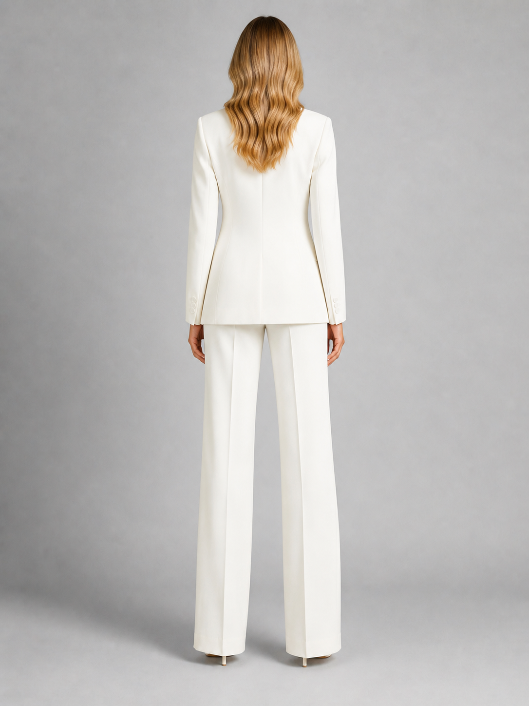 Tailored Notched Lapel Blazer Wide-Leg Trouser Suit Set Two-Piece White