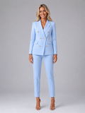 Women's Tailored Double-Breasted Blazer Wide-Leg Trouser Suit Set Two-Piece Light Blue