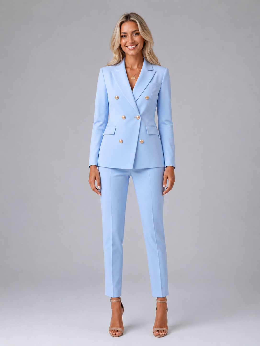 Women's Tailored Double-Breasted Blazer Wide-Leg Trouser Suit Set Two-Piece Light Blue