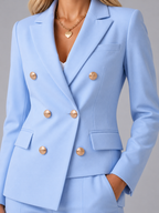 Women's Tailored Double-Breasted Blazer Wide-Leg Trouser Suit Set Two-Piece Light Blue