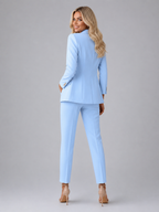 Women's Tailored Double-Breasted Blazer Wide-Leg Trouser Suit Set Two-Piece Light Blue