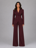 Women's Tailored Cinched Waist Blazer Wide-Leg Trouser Suit Set Two-Piece Burgundy