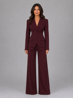 Women's Tailored Cinched Waist Blazer Wide-Leg Trouser Suit Set Two-Piece Burgundy